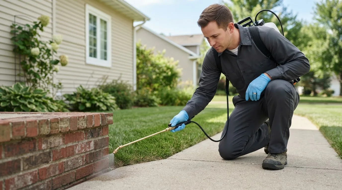 Pest control technician treating a home near Lake Lure, NC